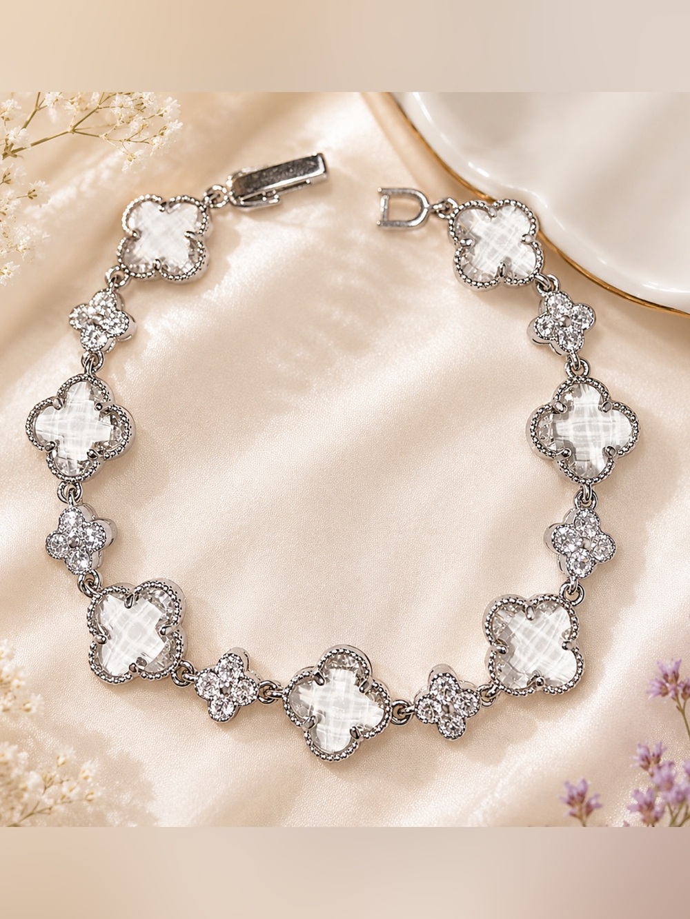 ✨Fairycore Crystal Clover Bracelet | Silver Tone CZ Floral Bracelet